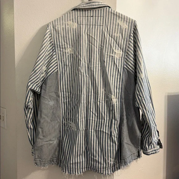 FREE PEOPLE DISTRESSED RAILROAD STIPE BUTTON DOWN - Picture 6 of 6